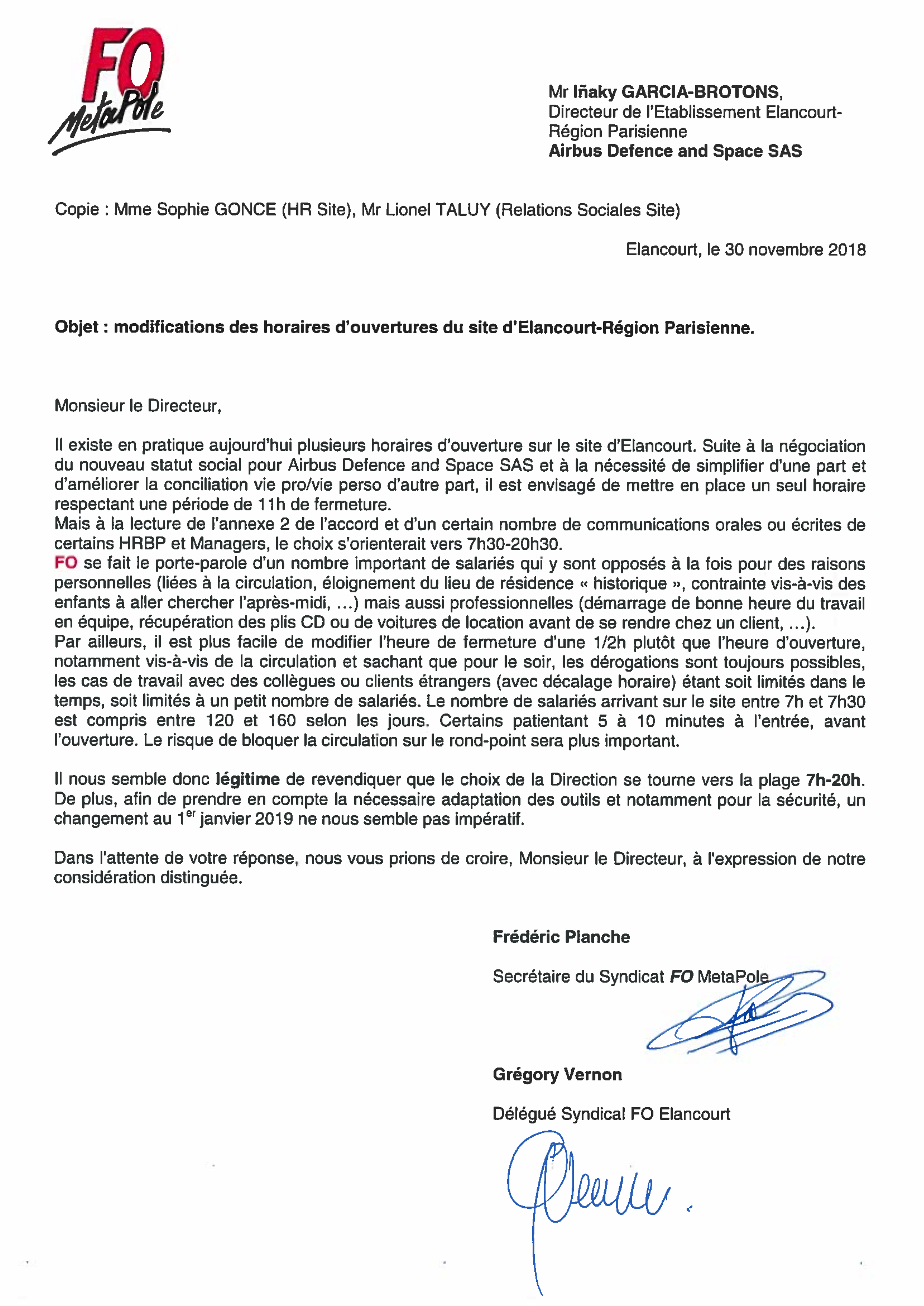 Courrier FO vers directions heures d'ouverture du site Elancourt Airbus Defence & Space